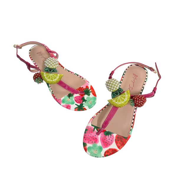 Betsey Johnson Aniston Sandals Womens 8.5 Pink Fruit Beaded Charms Thong Flat - Picture 6 of 13